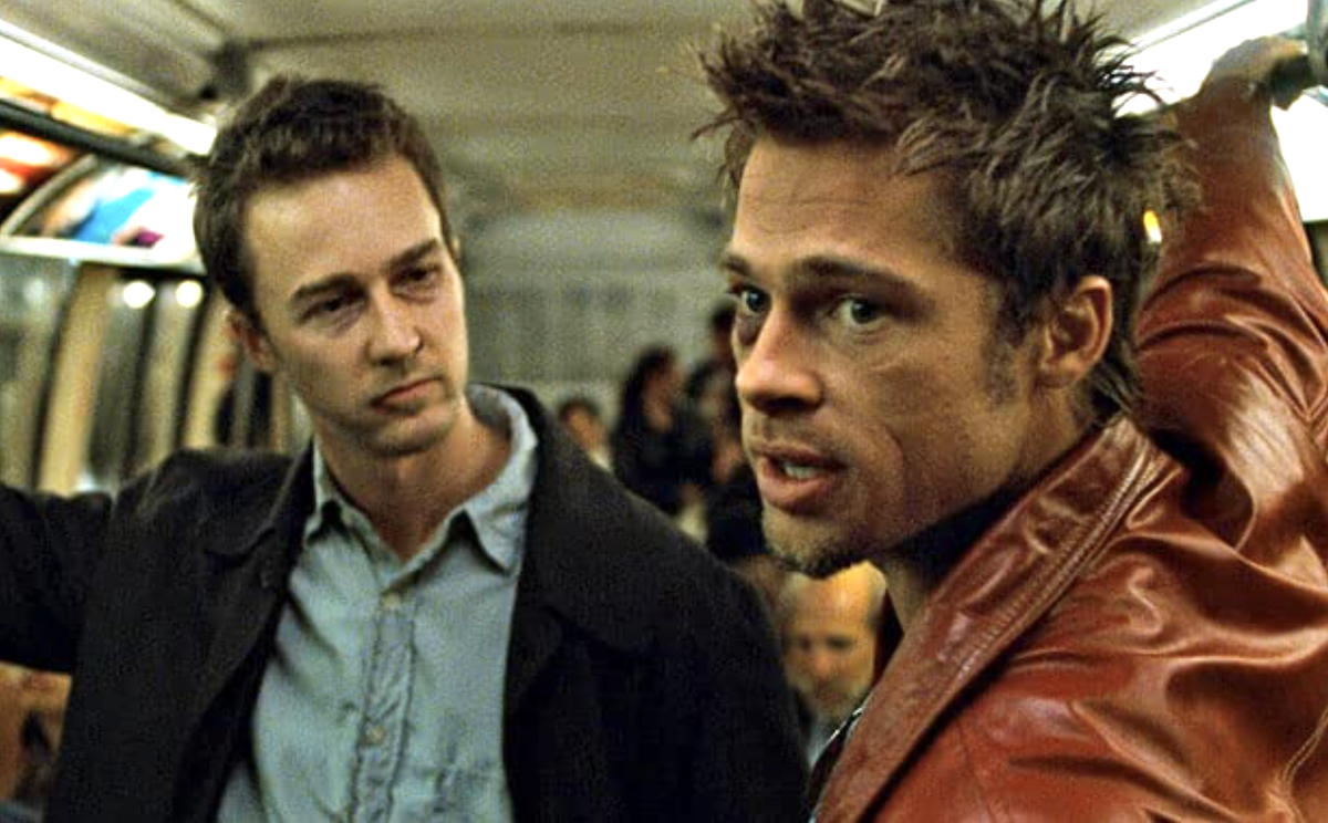 Edward Norton and Brad Pitt take the bus in Fight Club