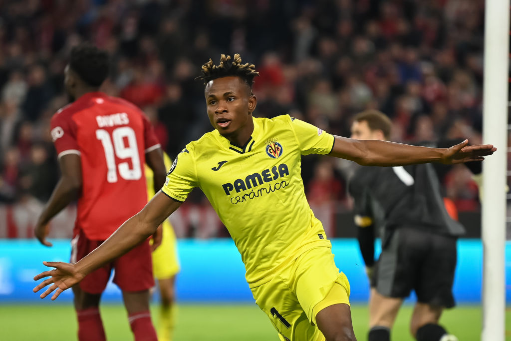 Samu Chukwueze of Villareal celebrates after scoring a goal.