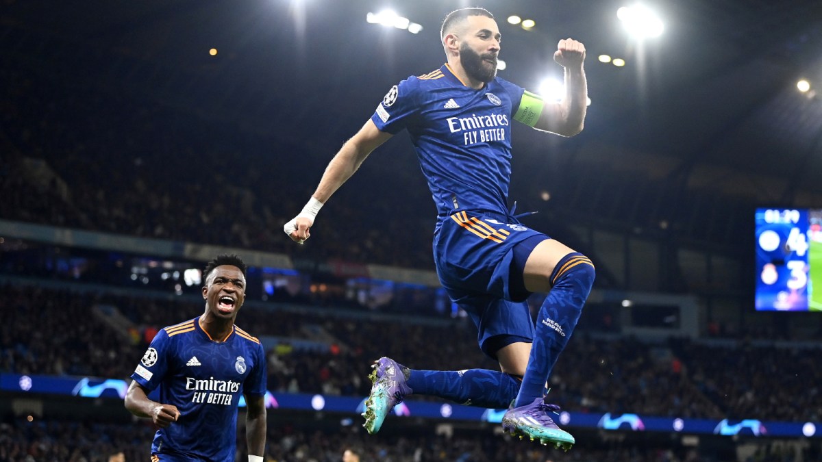 Karim Benzema of Real Madrid celebrates a goal.