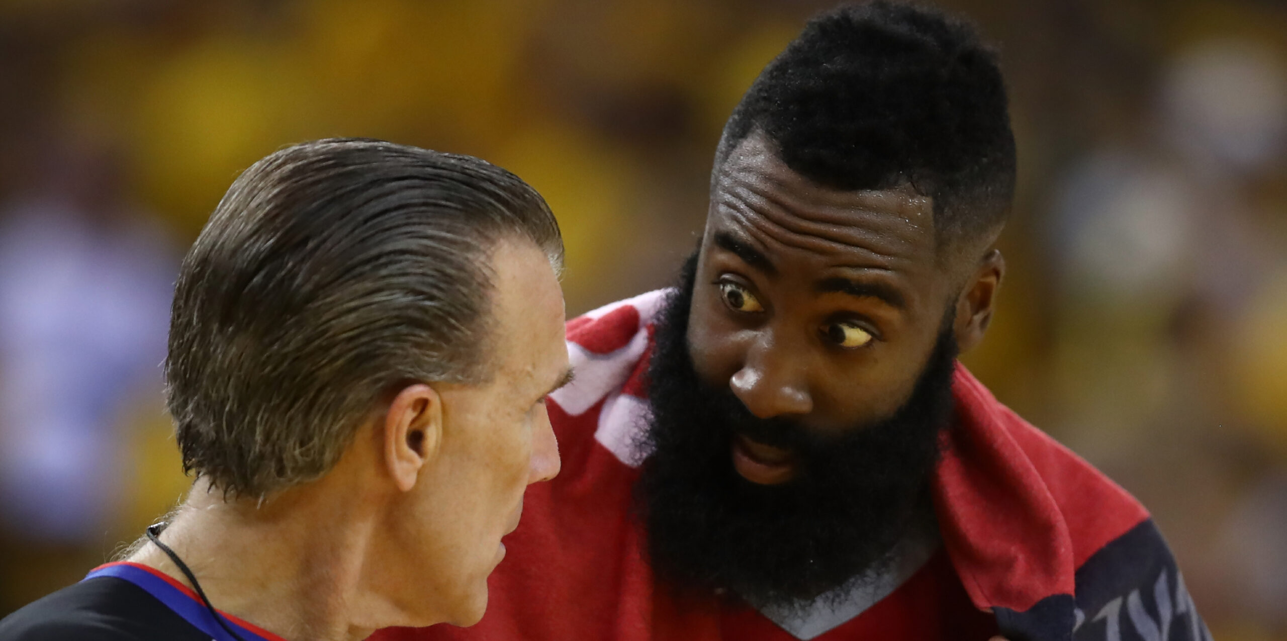 James Harden disagrees with an NBA referee.