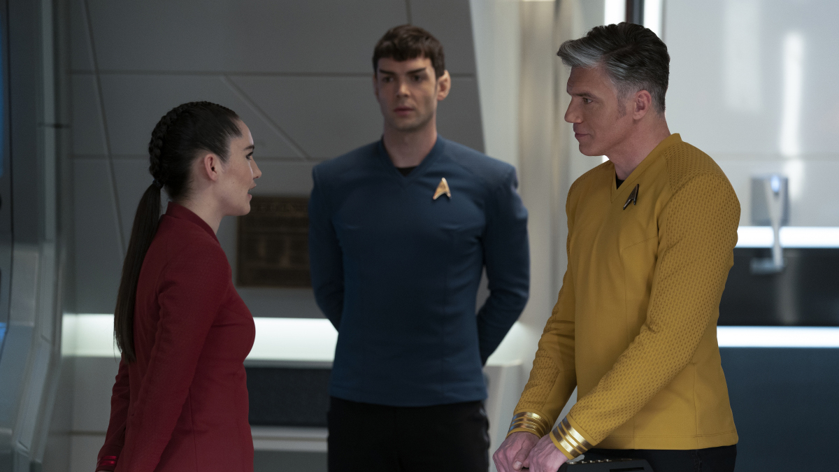 Christina Chong as La'an, Ethan Peck as Spock, and Anson Mount as Pike of the Paramount+ original series STAR TREK: STRANGE NEW WORLDS.