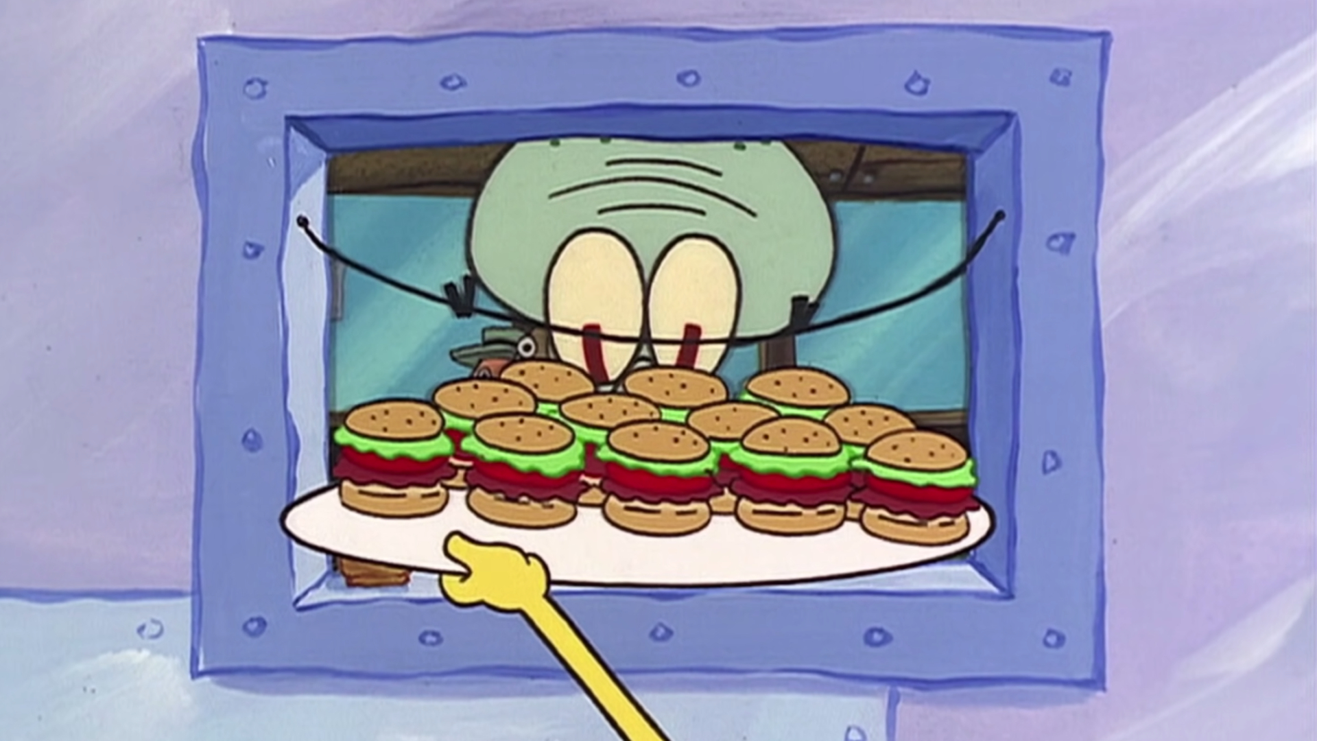 Squidward from Spongebob Squarepants looks at a whole tray of Krabby Patties. 