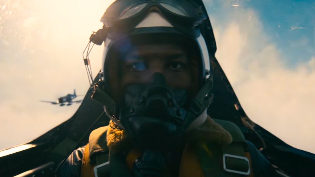 Jonathan Majors in character as a fighter pilot in “Devotion”