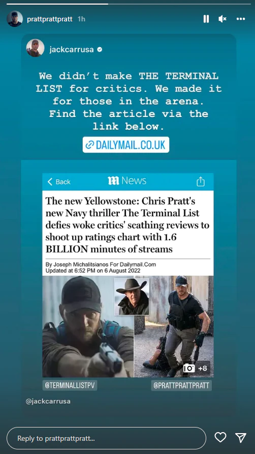 Chris Pratt shares a Daily Mail article bemoaning woke critics