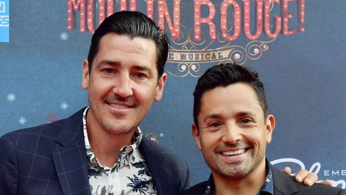 Johnathan Knight and Harley Rodriguez arrive at the gala performance of Boston's Emerson Colonial Theatre with "Moulin Rouge! The Musical" at Emerson Colonial Theatre on July 29, 2018 in Boston, Massachusetts.