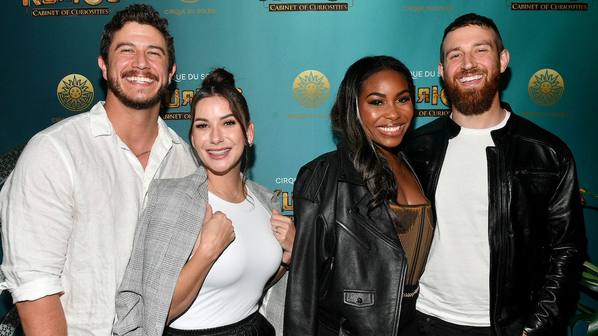 Matt Barnett, Amber Barnett, Lauren Speed-Hamilton, and Cameron Hamilton from Love Is Blind pose together in one photo on the red carpet