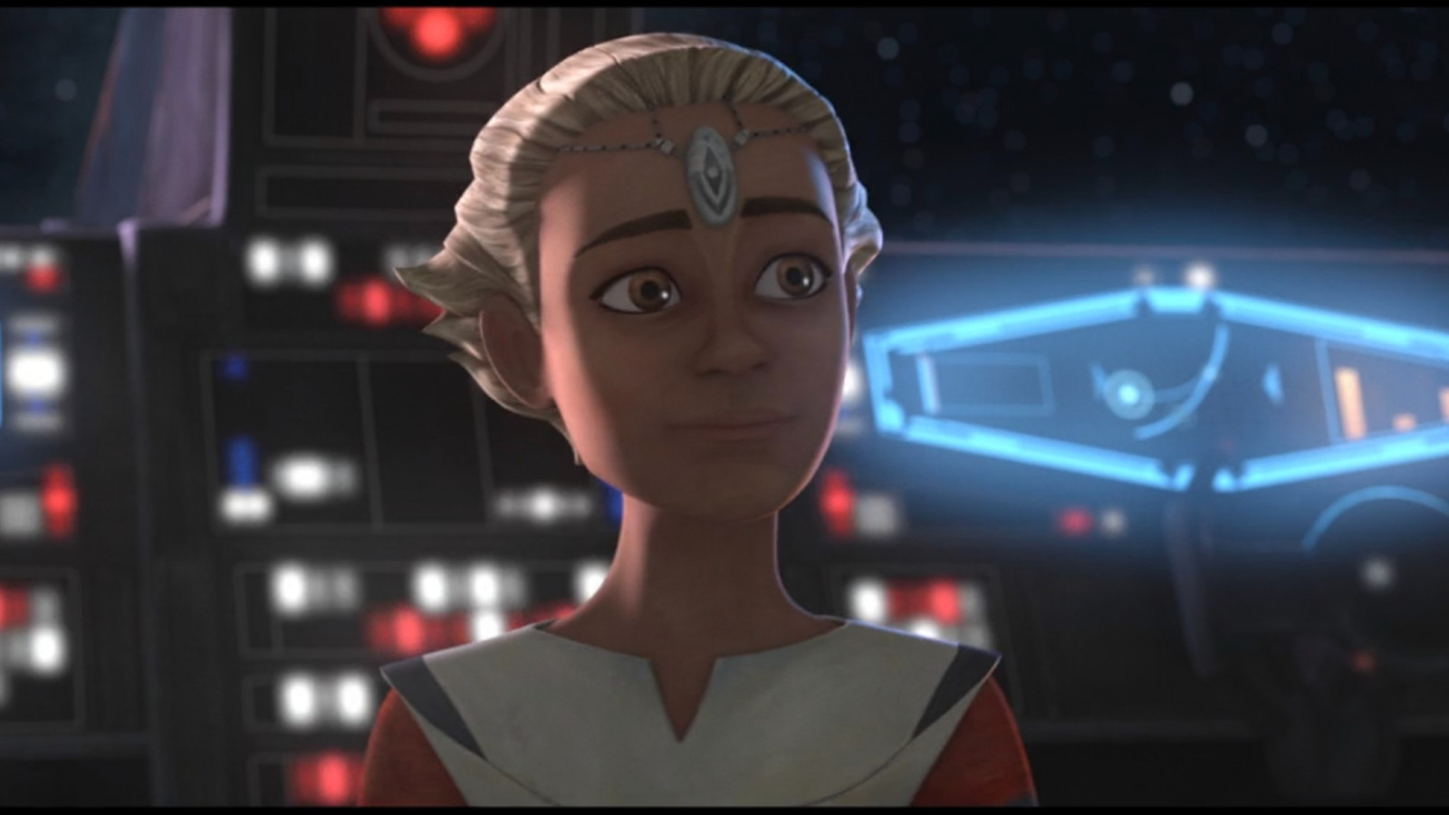 Animated character Omega, who has a large gem in the middle of her forehead, gazes off-screen in front of a panel of lit buttons.