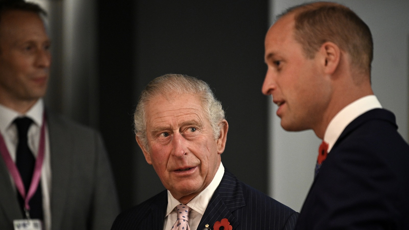 Prince Charles, Prince of Wales (C) reacts as he speaks with Prince William, Duke of Cambridge (R) at a reception for the key members of the Sustainable Markets Initiative