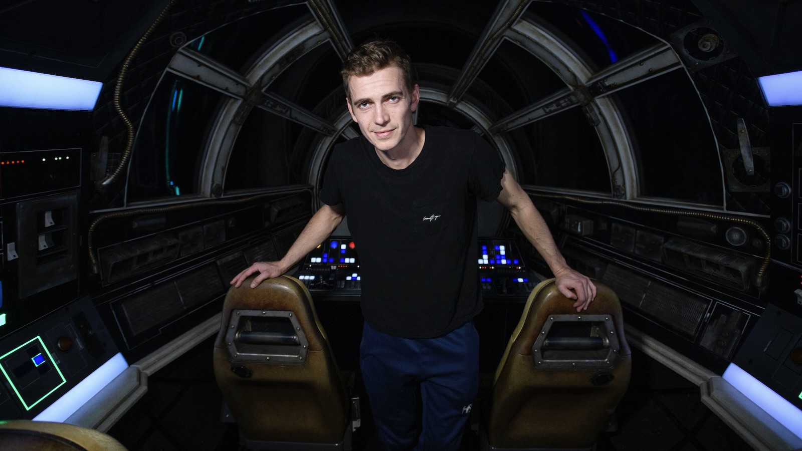 In this handout photo provided by Disneyland Resort, actor Hayden Christensen takes over Millennium Falcon: Smugglers Run during a visit to Star Wars: Galaxys Edge at Disneyland Park on October 29, 2019 in Anaheim, California. (