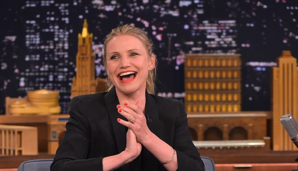 Cameron Diaz sits on the couch during an appearance on late Night With Jimmy Fallon