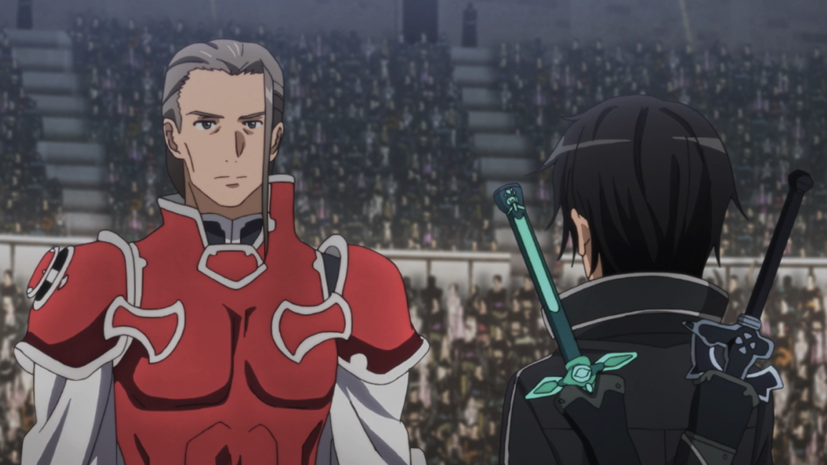 Akihiko Kayaba as Heathcliff before his first duel with Kirito. 