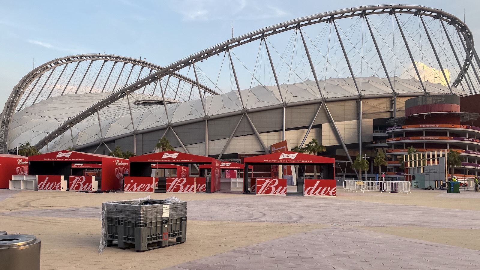 DOHA, QATAR - NOVEMBER 18: Budweiser stands are seen outside a stadium as Qatari Authorities confirmed today that no alcohol will be sold within the perimeter of the stadiums that will host the upcoming World Cup ahead of the FIFA World Cup Qatar 2022 on November 18, 2022 in Doha, Qatar