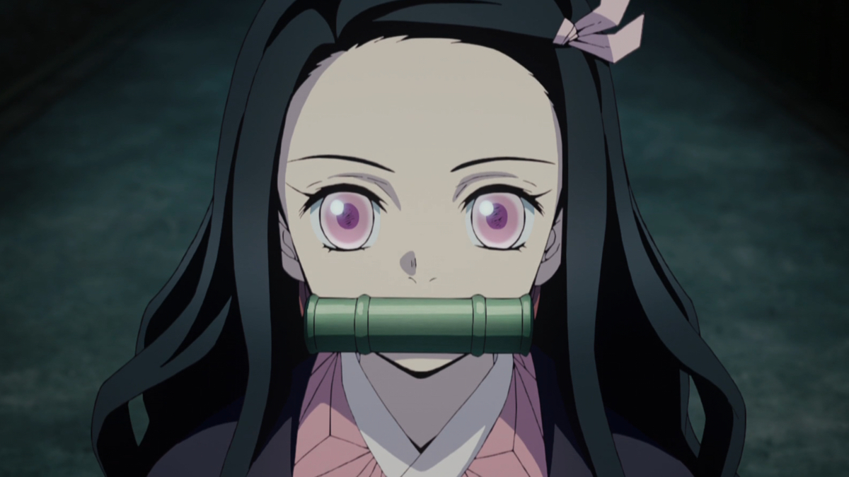 Nezuko wearing her mouth guard. 