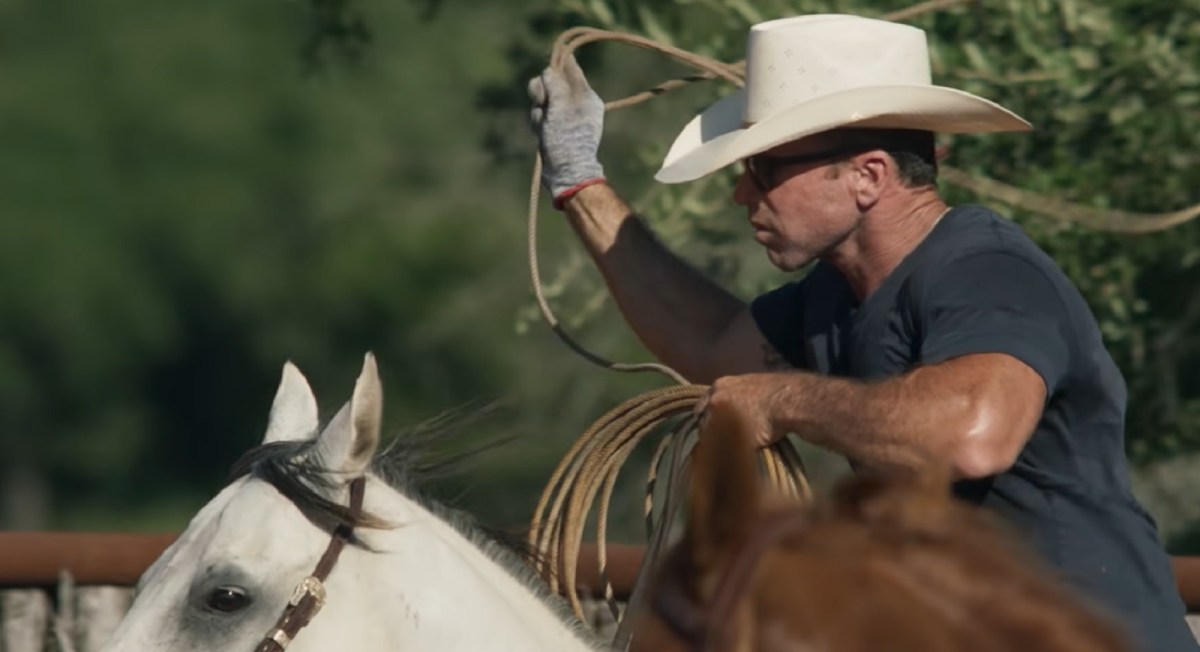 Taylor Sheridan rides at Yellowstone cowboy camp