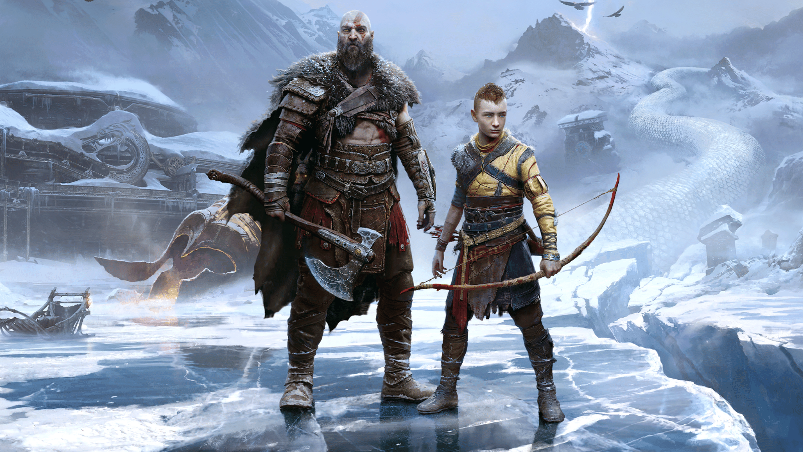 Kratos and Atreus are standing on ice in God of War.