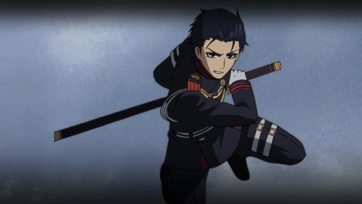 Guren fights vampires with his demon sword. 