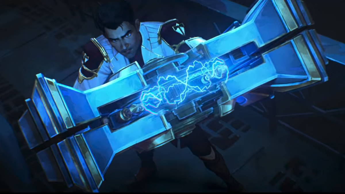 Jayce wields his Mercury Hammer in Silco's factory. 