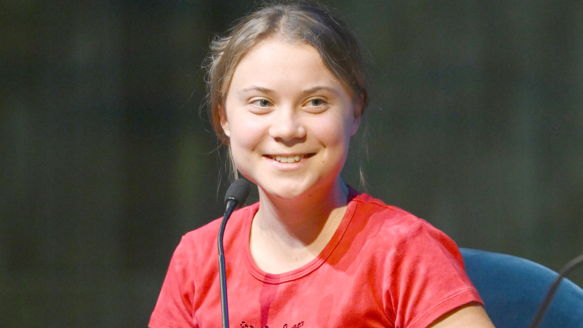 Greta Thunberg speaks on stage during the global launch of "The Climate Book" at The Royal Festival Hall on October 30, 2022 in London, England.