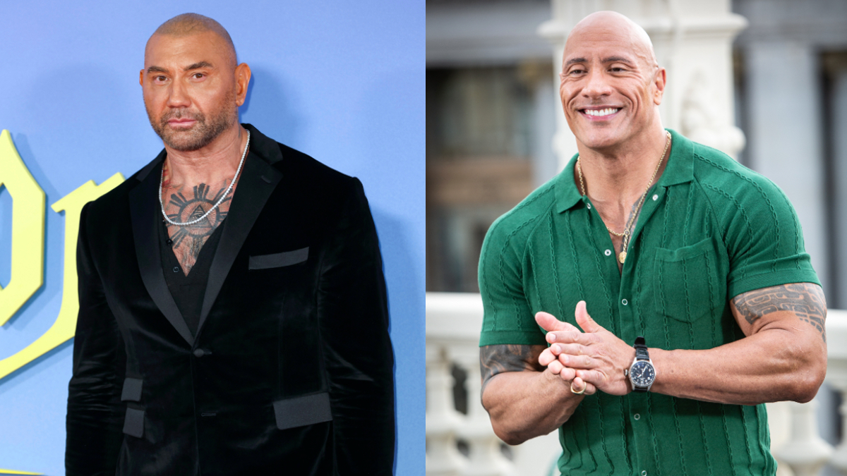 Split screen of Dave Bautista and Dwayne Johnson