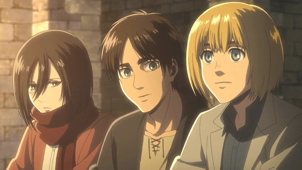 Mikasa Arckerman, Eren Jaeger, and Armin Arlert form Attack on Titan