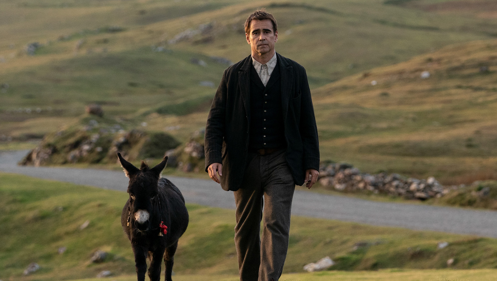 Colin Farrell and his donkey co-star in 'The Banshees of Inishirin."