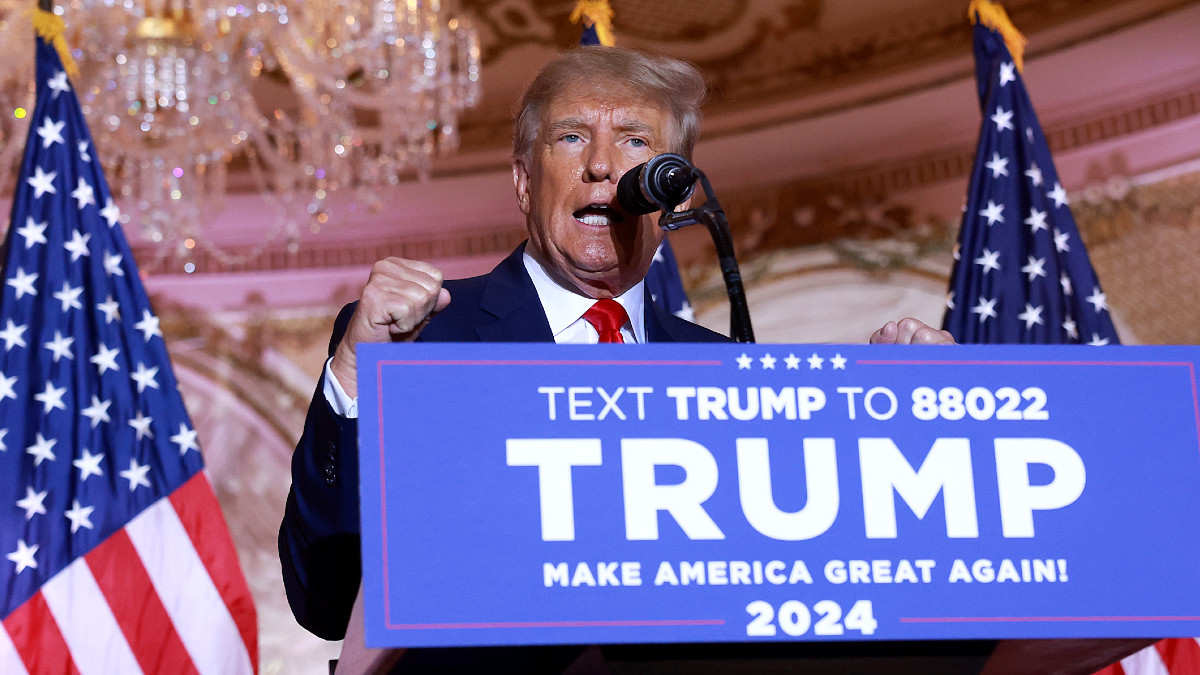 Former U.S. President Donald Trump speaks during an event at his Mar-a-Lago home on November 15, 2022 in Palm Beach, Florida.