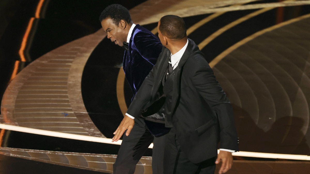 Will Smith appears to slap Chris Rock onstage during the 94th Annual Academy Awards at Dolby Theatre on March 27, 2022 in Hollywood, California.