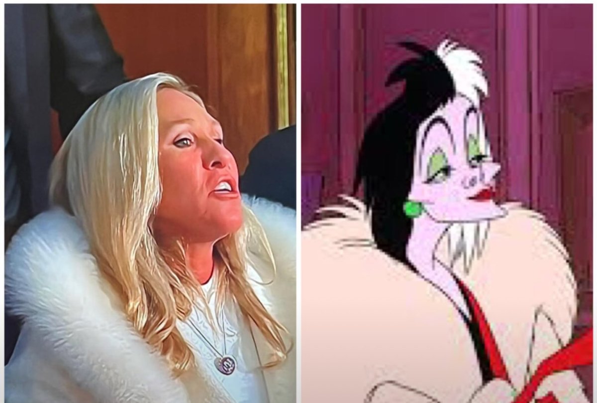 Marjorie Taylor Greene next to Cruella De Vil