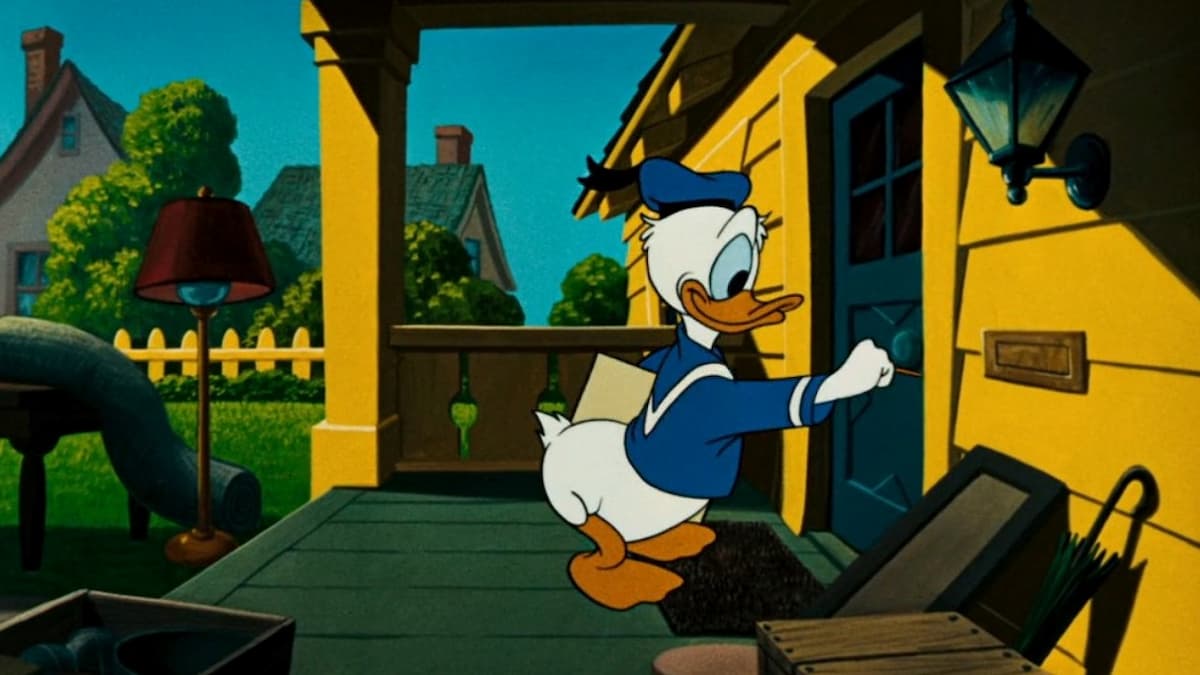 Donald Duck  knocks on a door in the animated film 'The New Neighbor'
