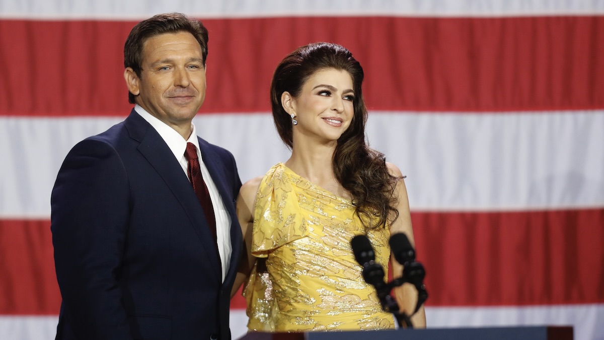 TAMPA, FL - NOVEMBER 08: Florida Republican Governor incumbent Ron DeSantis and his wife Casey celebrate their victory over his opposition Democratic gubernatorial candidate Rep. Charlie Crist during his election night watch party at the Tampa Convention Center on November 8, 2022 in Tampa, Florida. DeSantis was the projected winner by a double-digit lead.