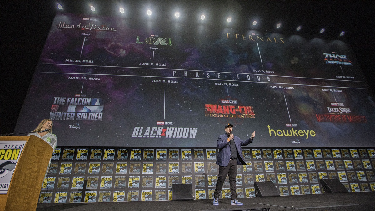 SAN DIEGO, CALIFORNIA - JULY 23: Kevin Feige speaks onstage at the Marvel Cinematic Universe Mega-Panel during 2022 Comic-Con International Day 3 at San Diego Convention Center on July 23, 2022 in San Diego, California.