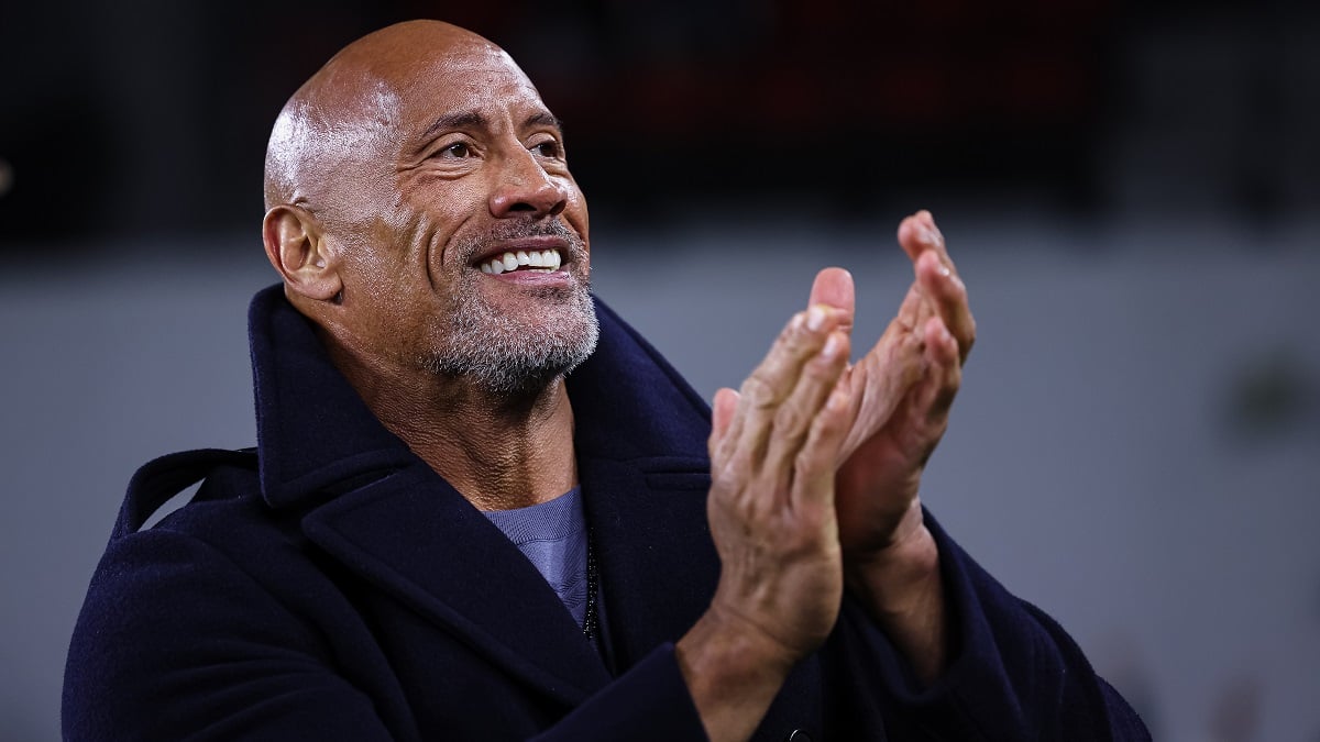 WASHINGTON, DC - FEBRUARY 19: XFL owner Dwayne Johnson reacts on the sideline during the first half of the XFL game between the DC Defenders and the Seattle Sea Dragons at Audi Field on February 19, 2023 in Washington, DC.