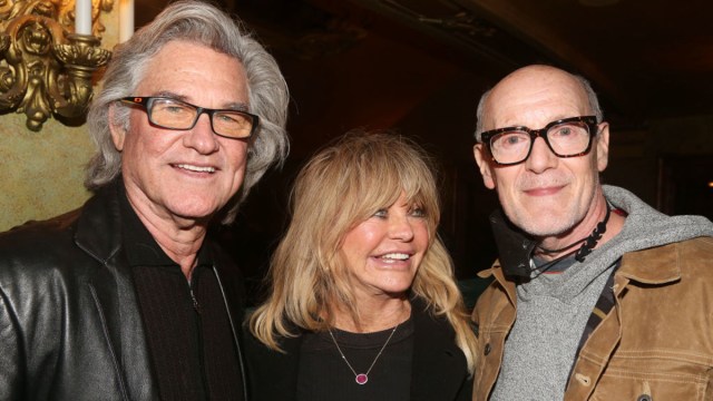(L-R) Kurt Russell, Goldie Hawn and Producer Neil Meron pose backstage at the hit musical "Some Like it Hot" on Broadway at The Shubert Theater on February 15, 2023 in New York City.