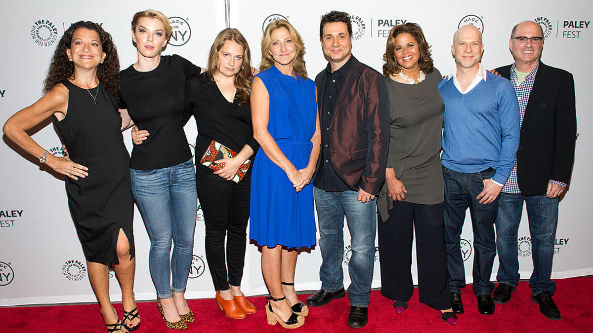 (L-R) Debra Birnbaum, Betty Gilpin, Merritt Wever, Edie Falco, Adam Ferrara, Anna Deavere Smith, Richie Jackson and Clyde Phillips attend the "Nurse Jackie" panel during 2013 PaleyFest: Made In New York at The Paley Center for Media on October 6, 2013 in New York City.