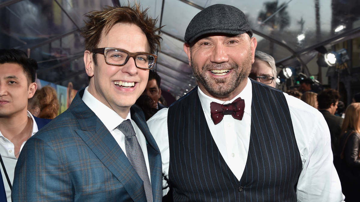 Director James Gunn (L) and actor Dave Bautista at the premiere of Disney and Marvel's "Guardians Of The Galaxy Vol. 2" at Dolby Theatre on April 19, 2017