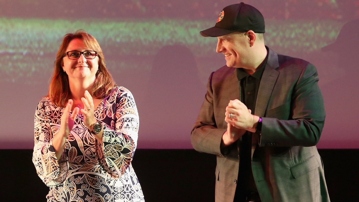 HOLLYWOOD, CA - OCTOBER 10: Executive producer Victoria Alonso (L) and Producer Kevin Feige at The World Premiere of Marvel Studios' "Thor: Ragnarok" at the El Capitan Theatre on October 10, 2017 in Hollywood, California.