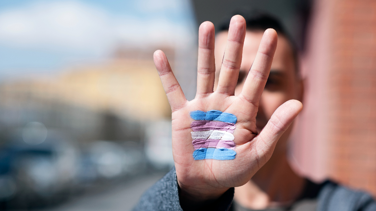 Hand with transgender flag painted on it.