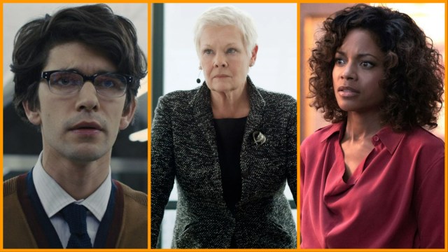Ben Whishaw as Q, Judi Dench as M, and Naomi Harris as Eve Moneypenny in the James Bond films