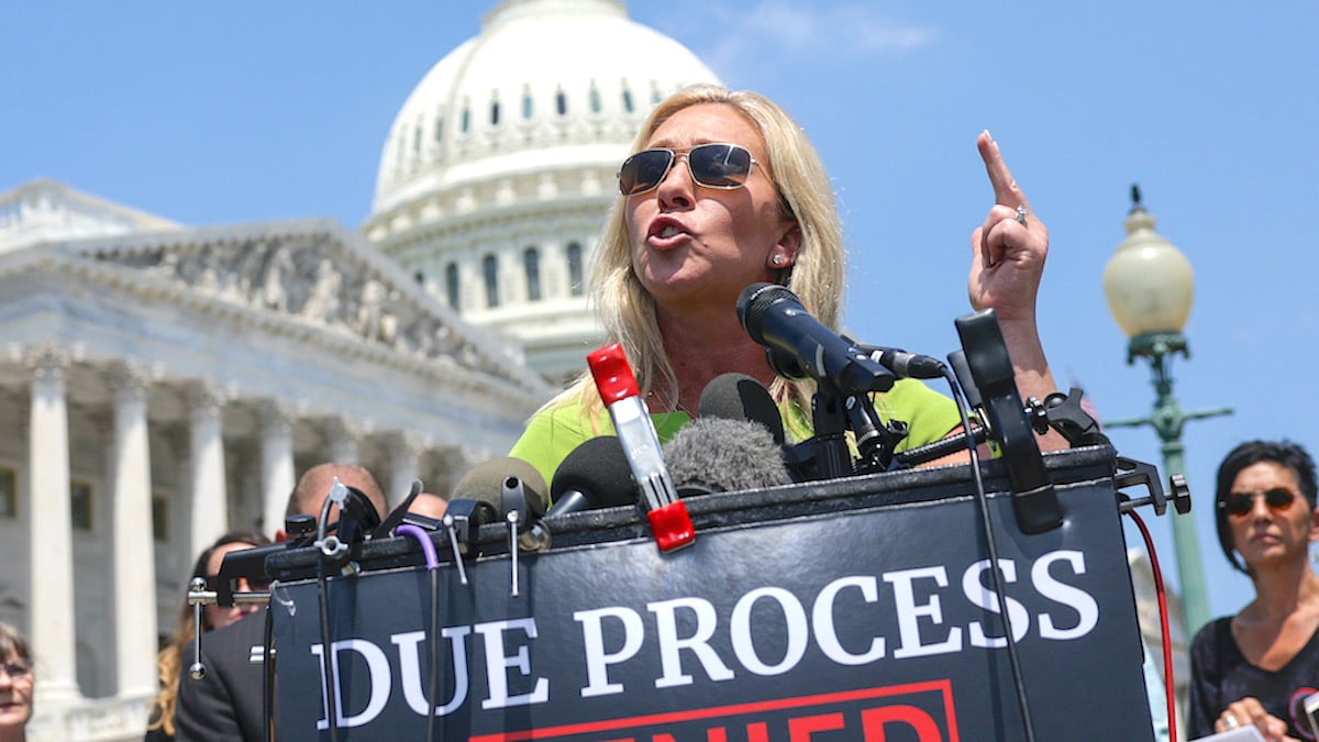 U.S. Rep. Marjorie Taylor Greene (R-GA) speaks during a press conference with the Capitol showing in the background