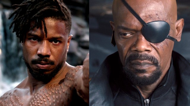 Michael B. Jordan and Samuel L. Jackson as Killmonger and Nick Fury in Black Panther and Avengers: Age of Ultron
