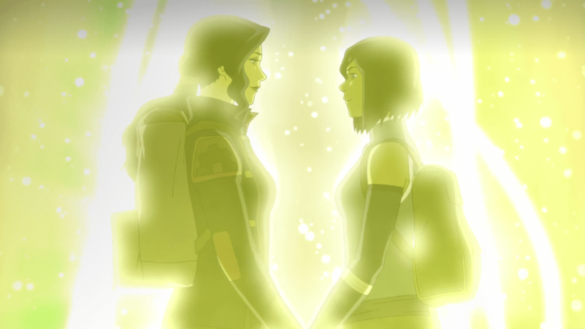 (left to right) Asami and Korra heading into the spirit portal