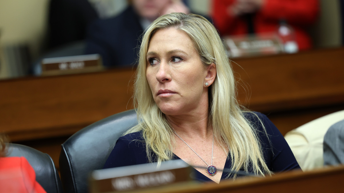 Marjorie Taylor Greene participating in a meeting of the House Oversight and Reform Committee