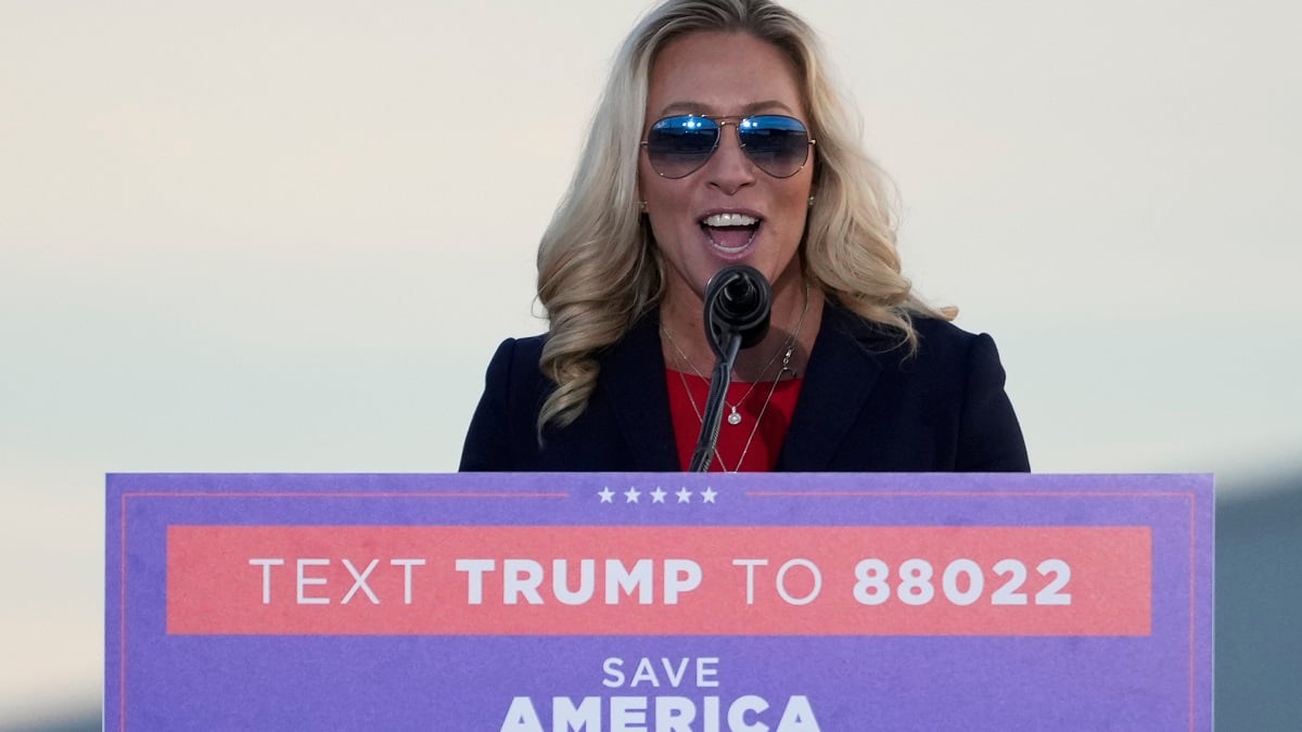 VANDALIA, OHIO - NOVEMBER 7: U.S. Rep. Marjorie Taylor Greene speaks during a rally by U.S. President Donald Trump at the Dayton International Airport on November 7, 2022 in Vandalia, Ohio. Trump is in Ohio campaigning for Republican candidates, including U.S. Senate candidate JD Vance who faces U.S. Rep. Tim Ryan (D-OH) in tomorrow's general election.