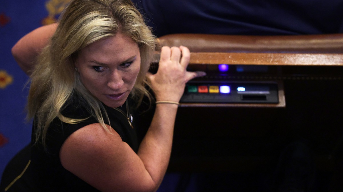 WASHINGTON, DC - JUNE 30: Rep. Marjorie Taylor Greene (R-GA) is seen during a vote on creating a January 6th Committee at the U.S. House Chamber of the U.S. Capitol June 30, 2021 in Washington, DC. The House voted 222-190 to create a 13-member select committee to investigate the January 6th attack on the U.S. Capitol.