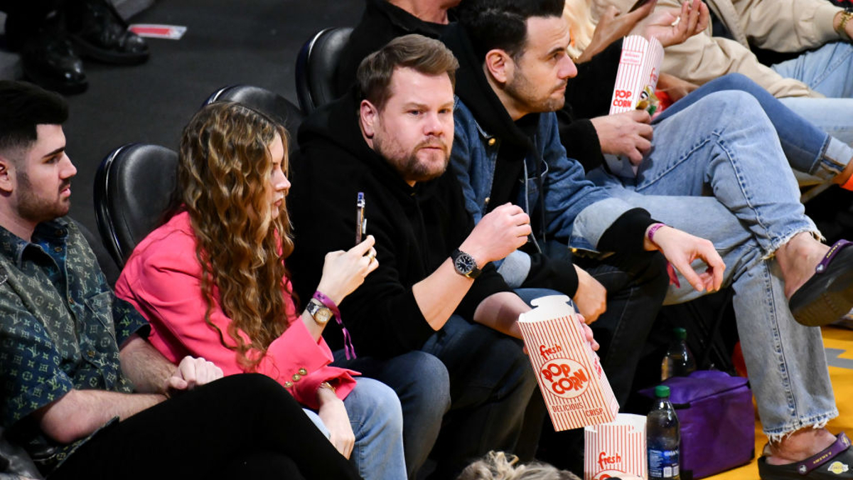 James Corden attends a basketball game between the Los Angeles Lakers and the New Orleans Pelicans at Crypto.com Arena on February 15, 2023 in Los Angeles, California