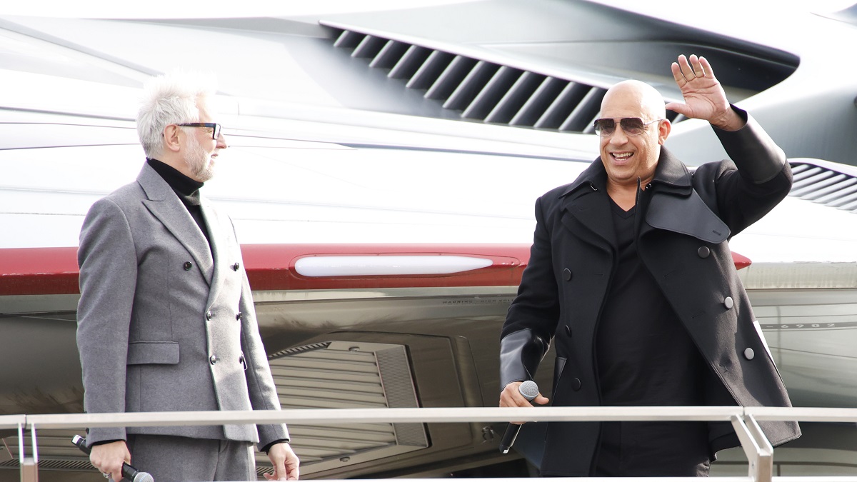 PARIS, FRANCE - APRIL 22: James Gunn (L) and Vin Diesel attend the "Guardians of the Galaxy Vol. 3" European gala event at the Avengers Campus at Disneyland Paris on April 22, 2023 in Paris, France.