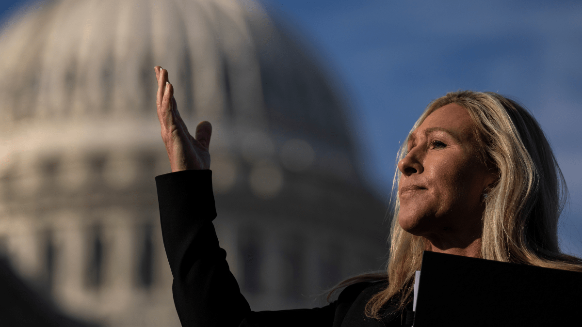 WASHINGTON, DC - FEBRUARY 1: U.S. Rep. Marjorie Taylor Greene (R-GA) gestures toward an aide during a news conference outside the U.S. Capitol on February 1, 2023 in Washington, DC. Rep. Andy Biggs is introducing articles of impeachment against Secretary of Homeland Security Alejandro Mayorkas.