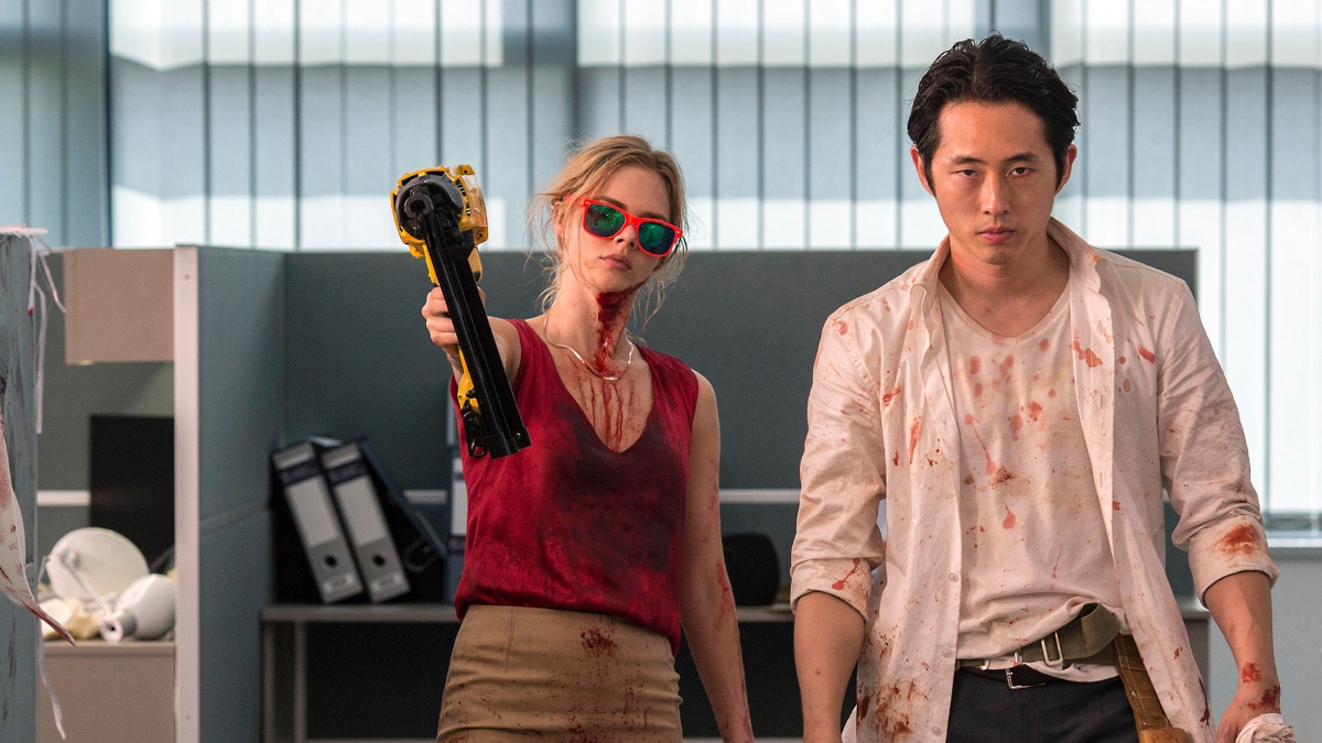 Samara Weaving and Steven Yeun in Mayhem