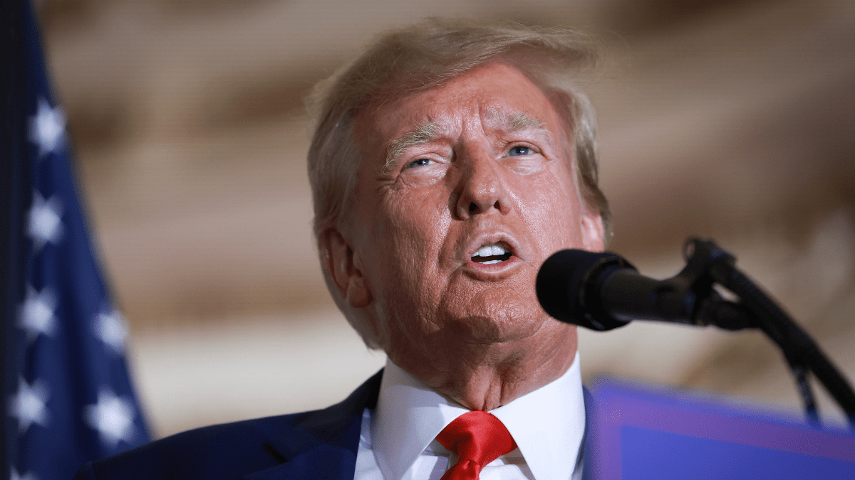 WEST PALM BEACH, FLORIDA - APRIL 04: Former U.S. President Donald Trump speaks during an event at the Mar-a-Lago Club April 4, 2023 in West Palm Beach, Florida. Trump pleaded not guilty in a Manhattan courtroom today to 34 counts related to money paid to adult film star Stormy Daniels in 2016, the first criminal charges for any former U.S. president.