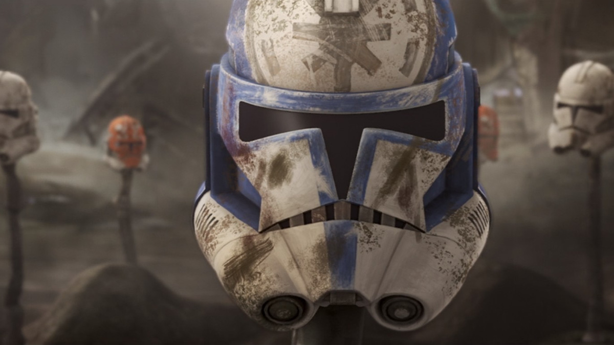 Captain Rex's helmet sits on a stake in a afield of Storm Trooper Helmets